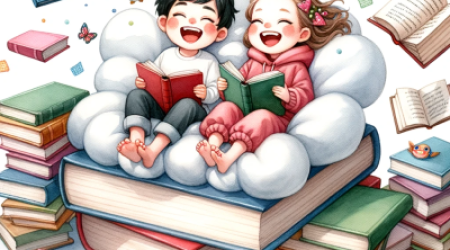 Zwei glückliche Kinder die lesend auf büchern sitzen